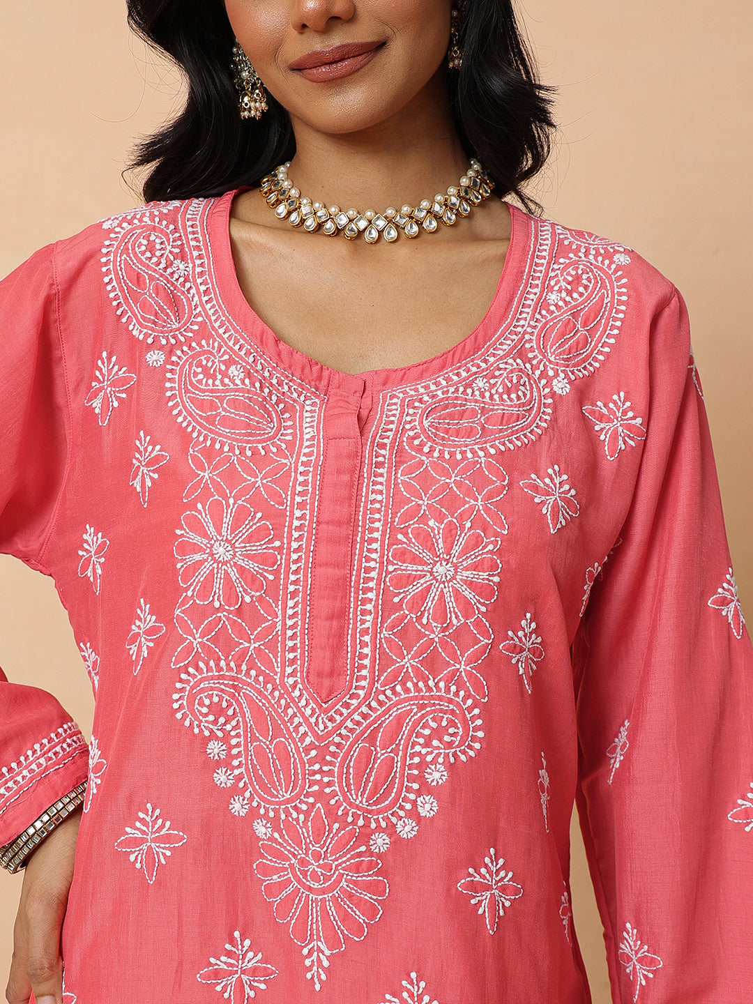 Ada Hand Embroidered Carrot Pink Muslin Lucknowi Chikankari Short Kurti A911578_2