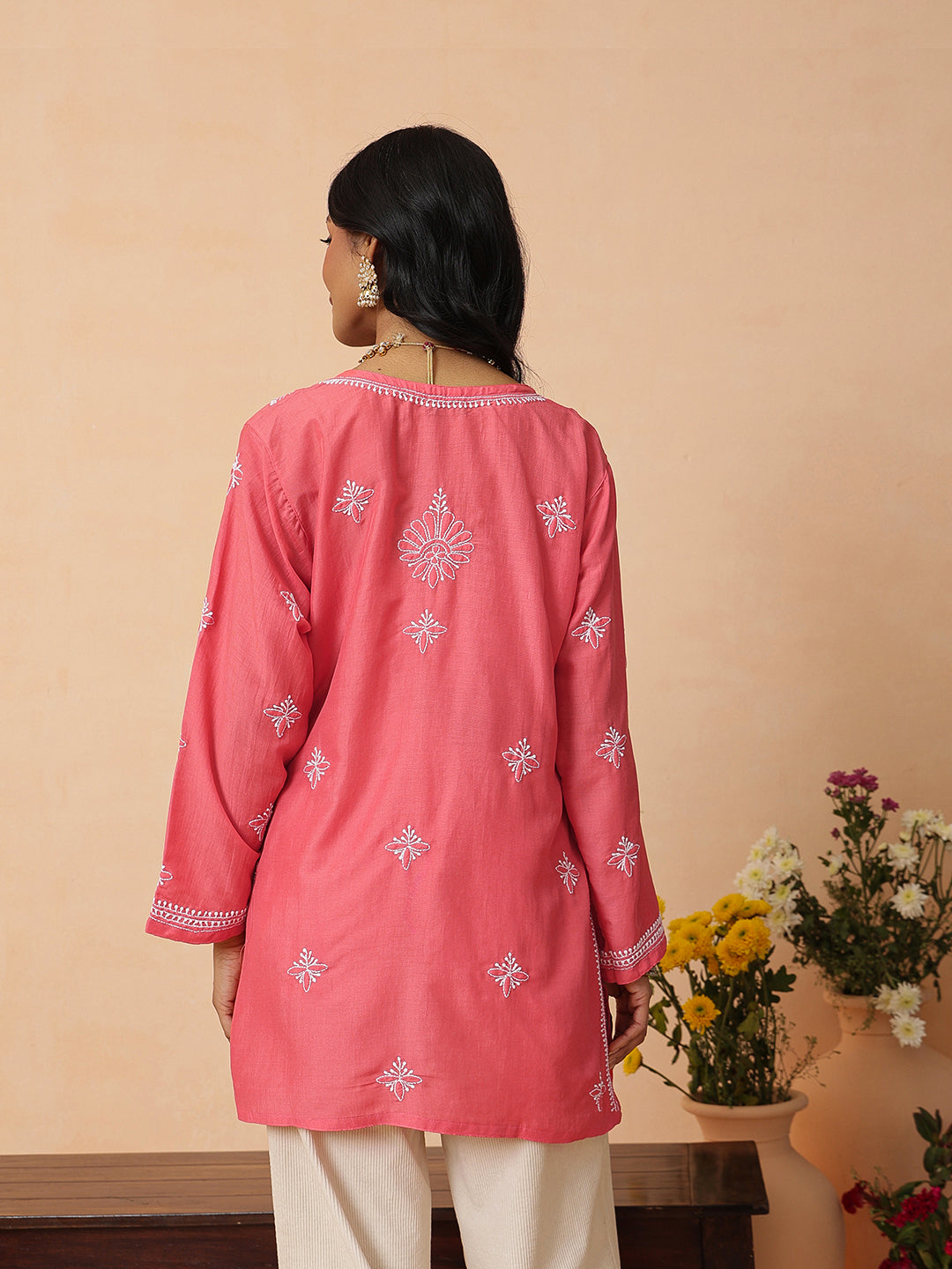 Ada Hand Embroidered Carrot Pink Muslin Lucknowi Chikankari Short Kurti A911578_3