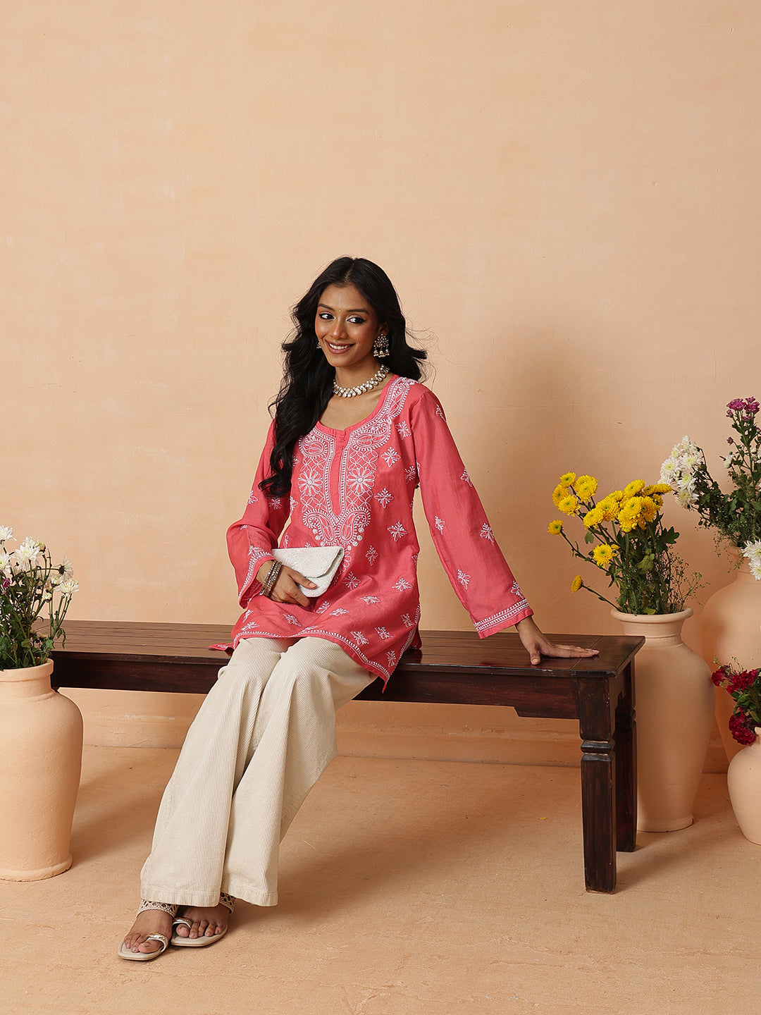 Ada Hand Embroidered Carrot Pink Muslin Lucknowi Chikankari Short Kurti A911578_4