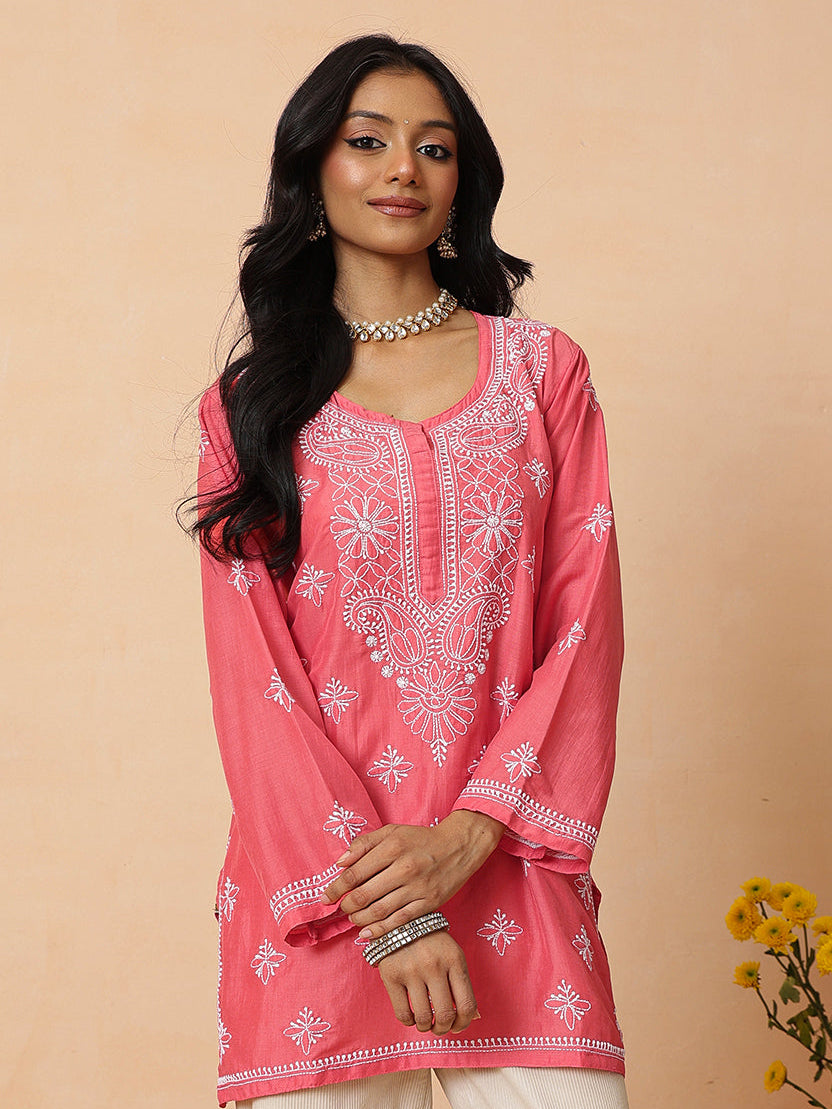 Ada Hand Embroidered Carrot Pink Muslin Lucknowi Chikankari Short Kurti A911578_1
