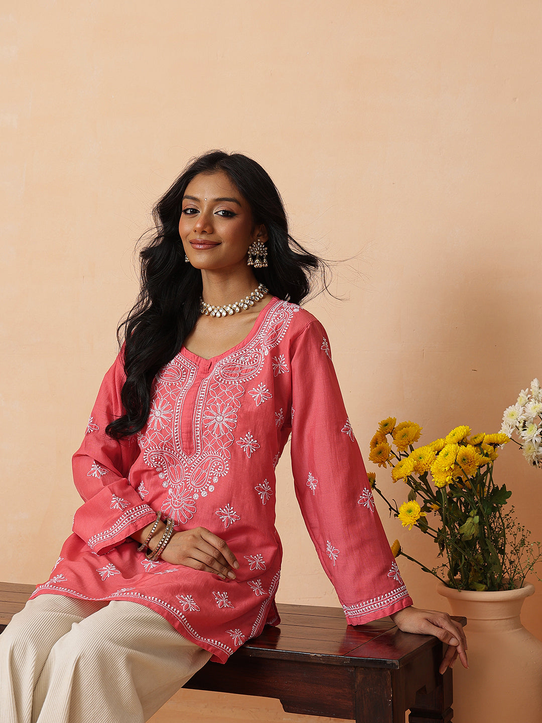 Ada Hand Embroidered Carrot Pink Muslin Lucknowi Chikankari Short Kurti A911578_7
