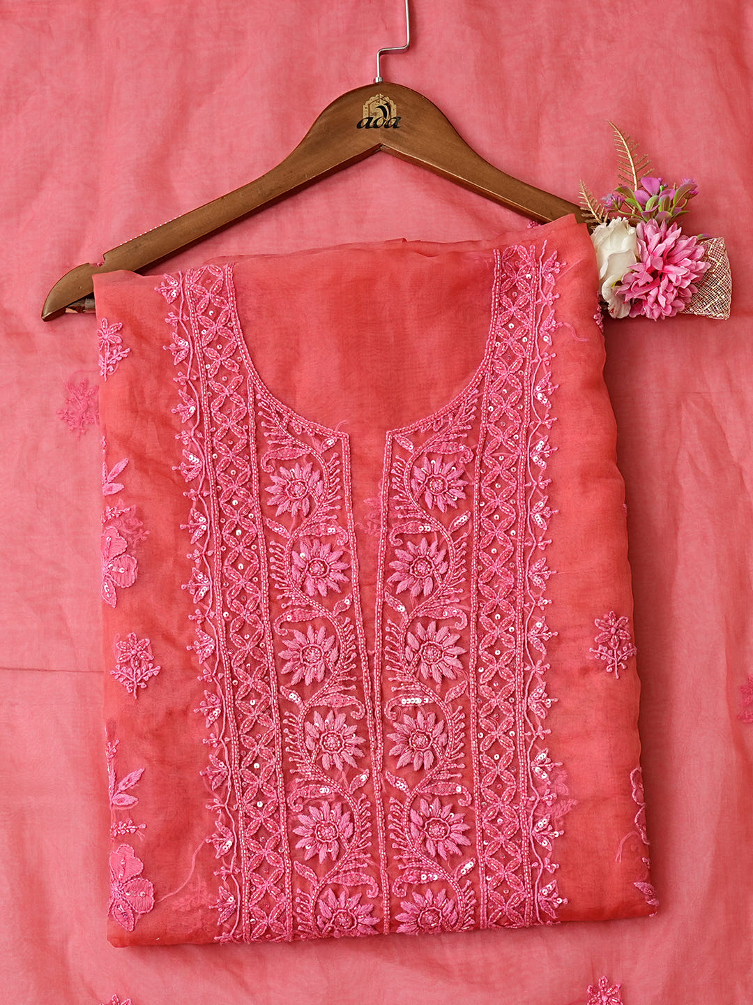 Ada Hand Embroidered Carrot Pink Organza Lucknowi Chikankari Unstitched Kurta Dupatta Set 01A710393_1