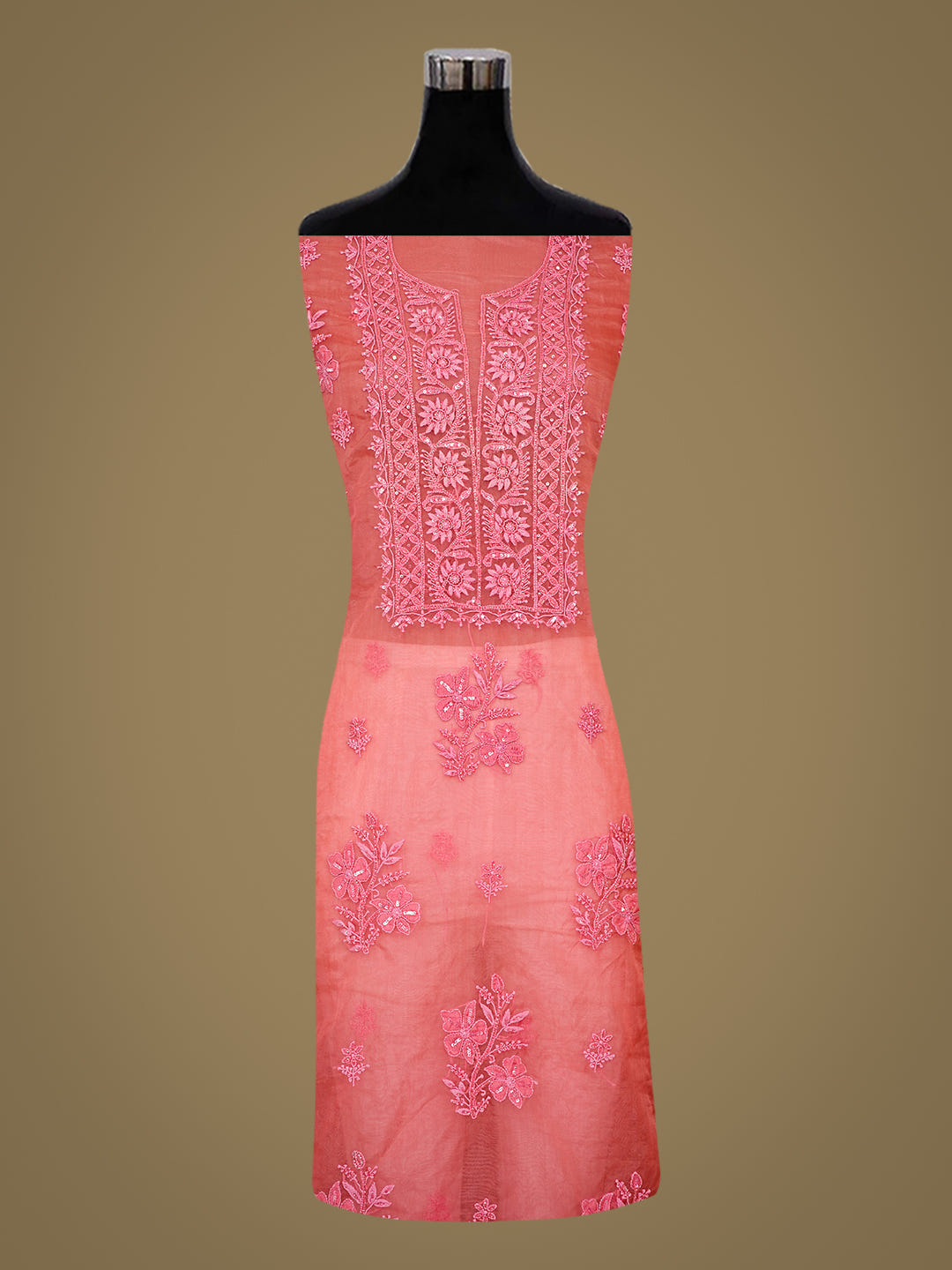 Ada Hand Embroidered Carrot Pink Organza Lucknowi Chikankari Unstitched Kurta Dupatta Set 01A710393_3