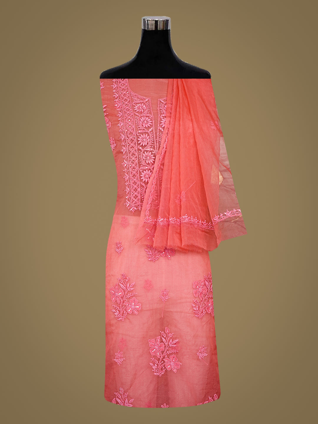 Ada Hand Embroidered Carrot Pink Organza Lucknowi Chikankari Unstitched Kurta Dupatta Set 01A710393_4