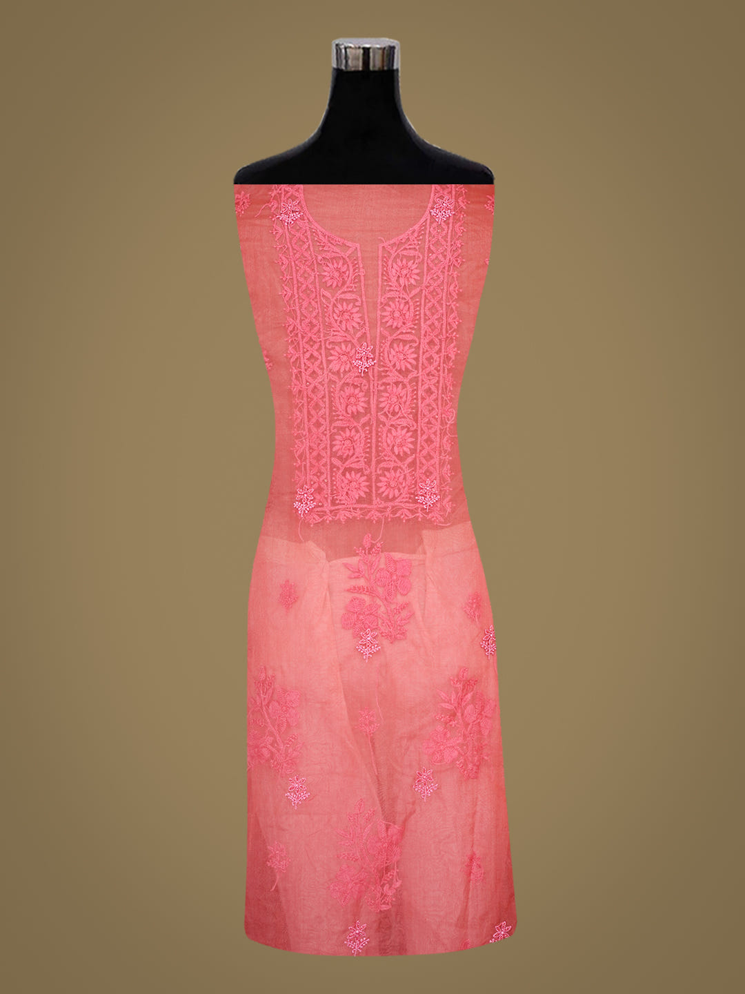 Ada Hand Embroidered Carrot Pink Organza Lucknowi Chikankari Unstitched Kurta Dupatta Set 01A710393_5