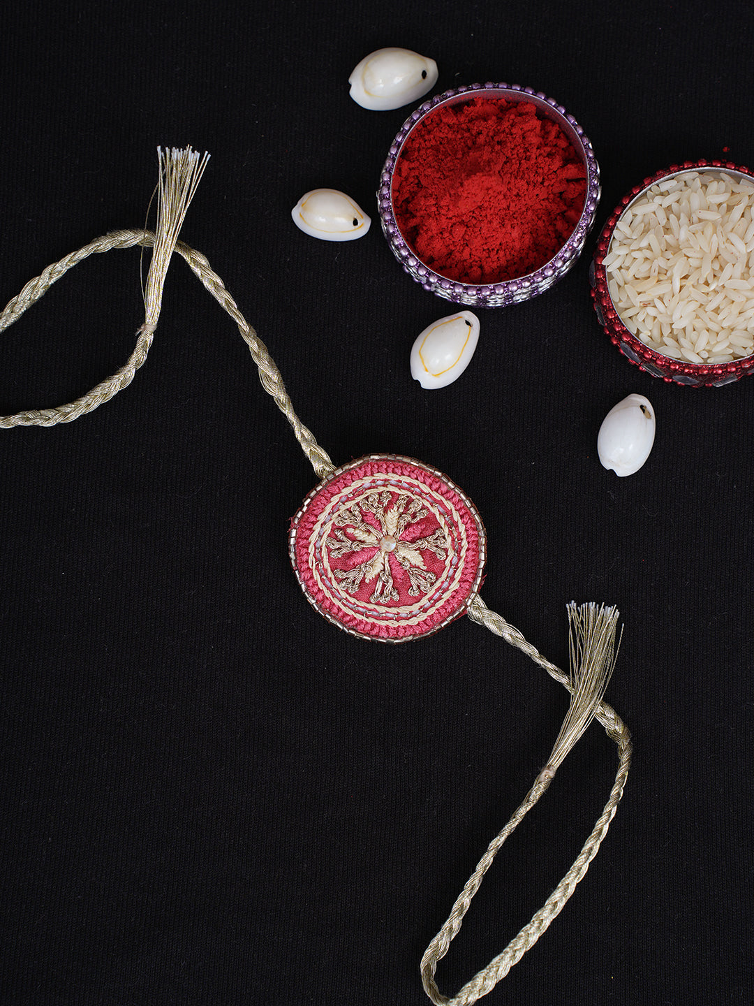 Ada Hand Embroidered Carrot Pink Silk Raksha Sutra Rakhi With Zari Work_1