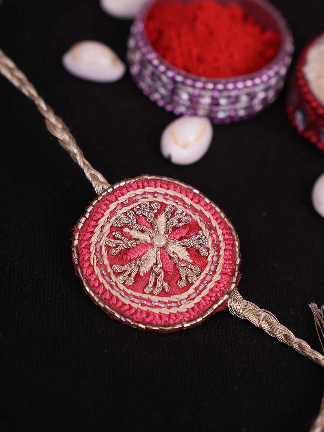 Ada Hand Embroidered Carrot Pink Silk Raksha Sutra Rakhi With Zari Work_2