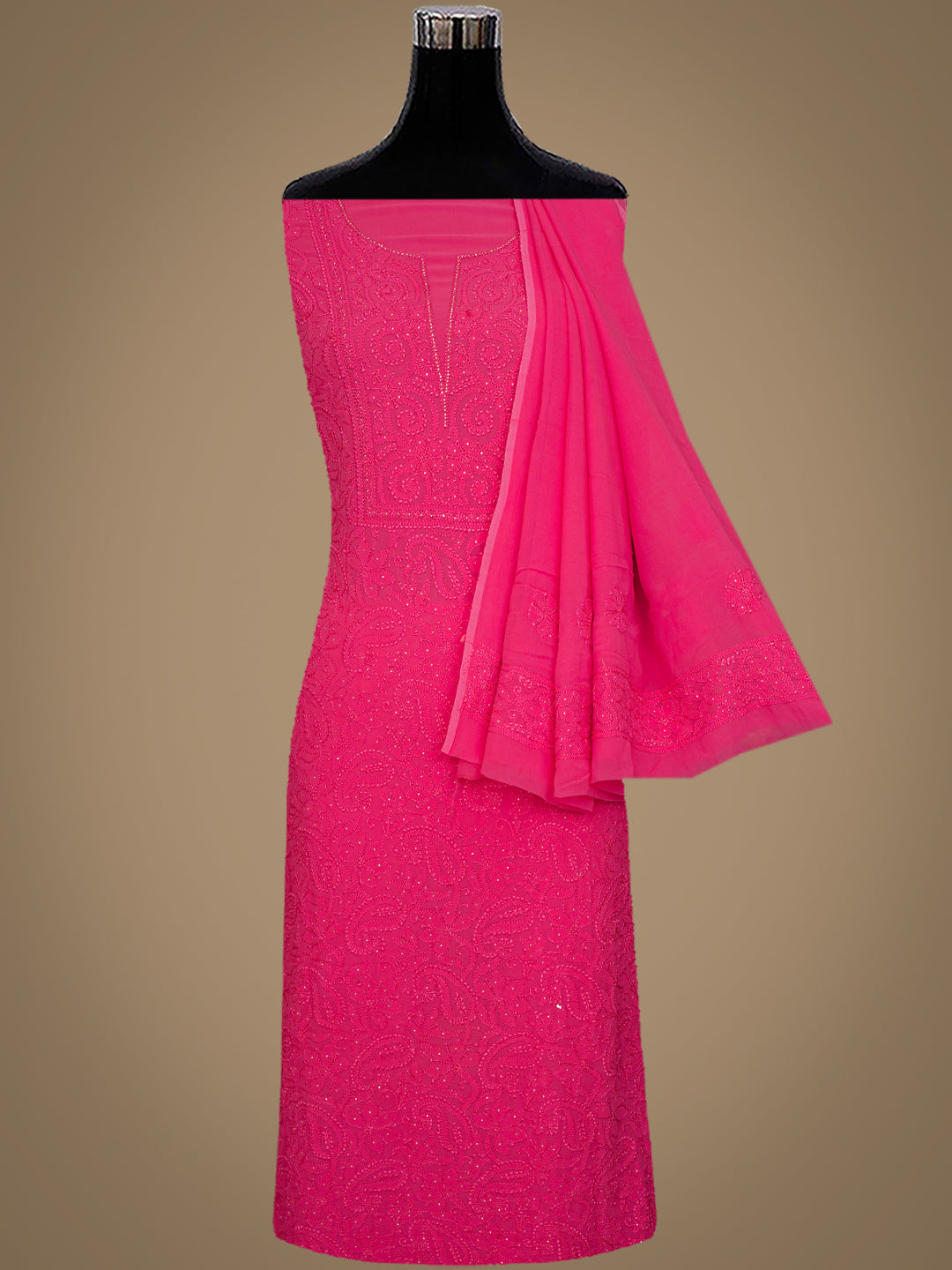 Ada Hand Embroidered Carrot Pink Viscose Georgette Lucknowi Chikankari Unstitched Kurta Dupatta Set With Muqaish/Mukaish Work 01A893836