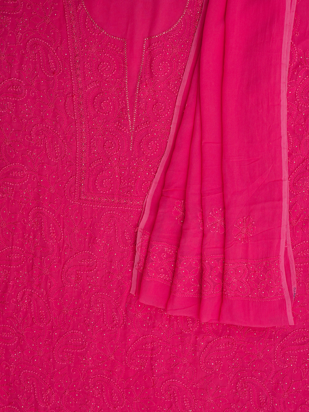 Ada Hand Embroidered Carrot Pink Viscose Georgette Lucknowi Chikankari Unstitched Kurta Dupatta Set With Muqaish/Mukaish Work 01A893836