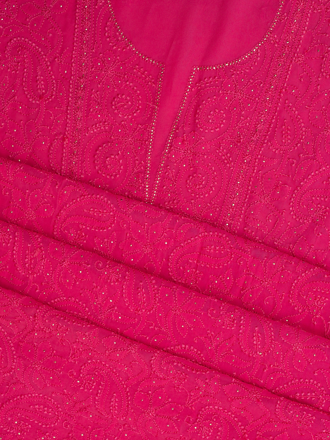 Ada Hand Embroidered Carrot Pink Viscose Georgette Lucknowi Chikankari Unstitched Kurta Dupatta Set With Muqaish/Mukaish Work 01A893836