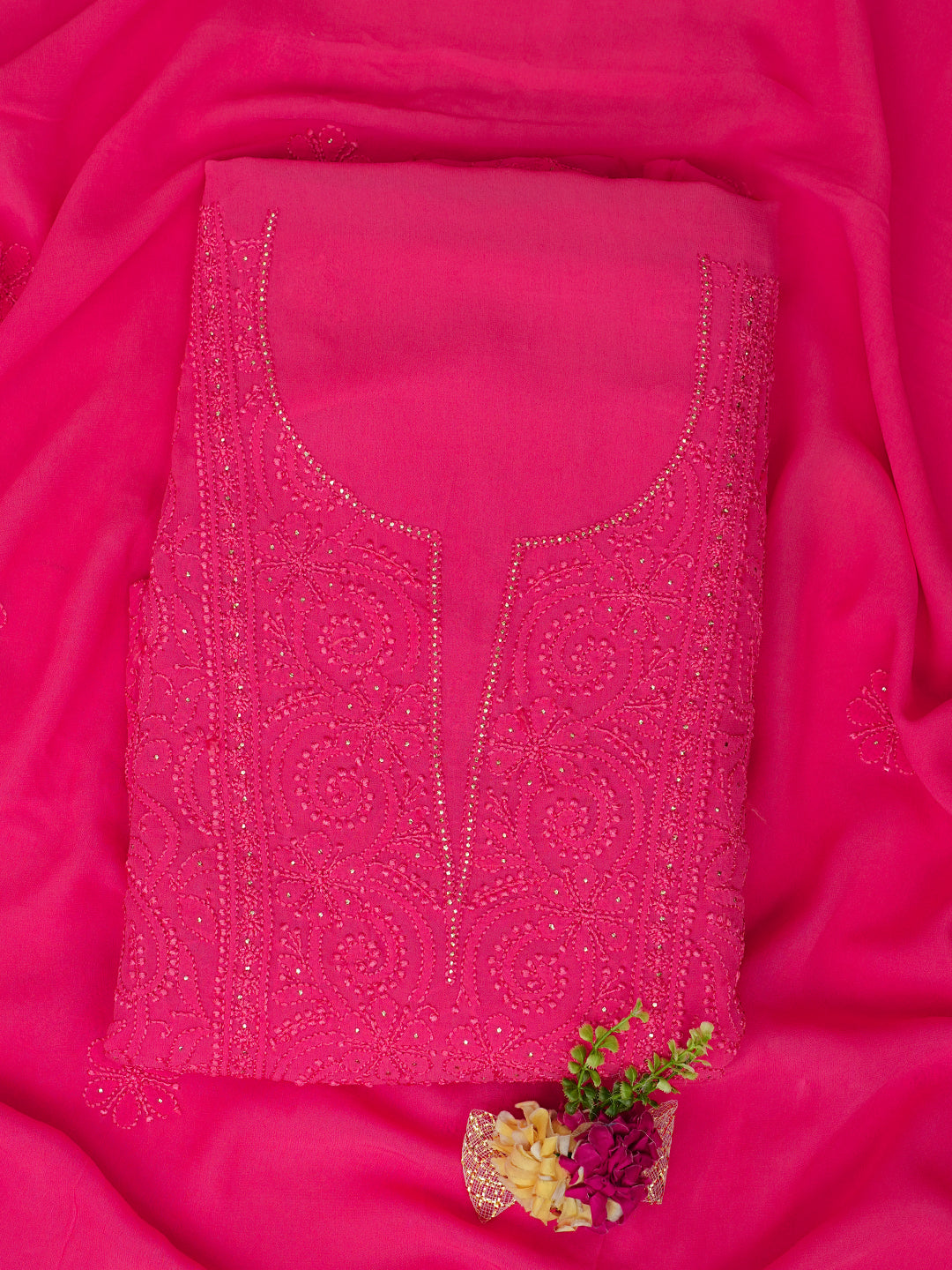 Ada Hand Embroidered Carrot Pink Viscose Georgette Lucknowi Chikankari Unstitched Kurta Dupatta Set With Muqaish/Mukaish Work 01A893836