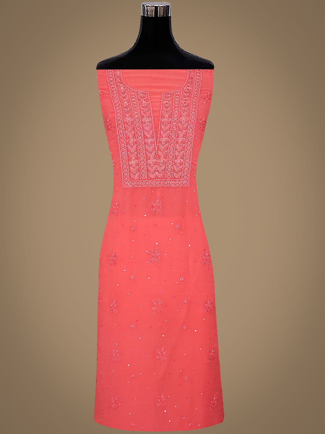 Ada Hand Embroidered Carrot Pink Viscose Georgette Lucknowi Chikankari Unstitched Suit set With Cutdana Sequinned  and Zari Work 01A922569