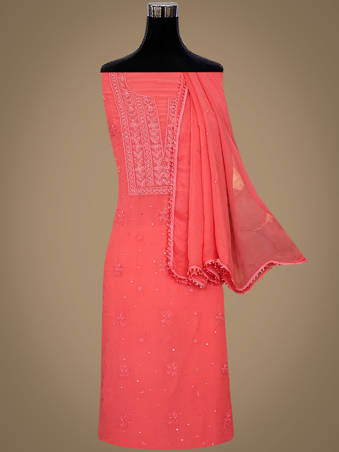 Ada Hand Embroidered Carrot Pink Viscose Georgette Lucknowi Chikankari Unstitched Suit set With Cutdana Sequinned  and Zari Work 01A922569