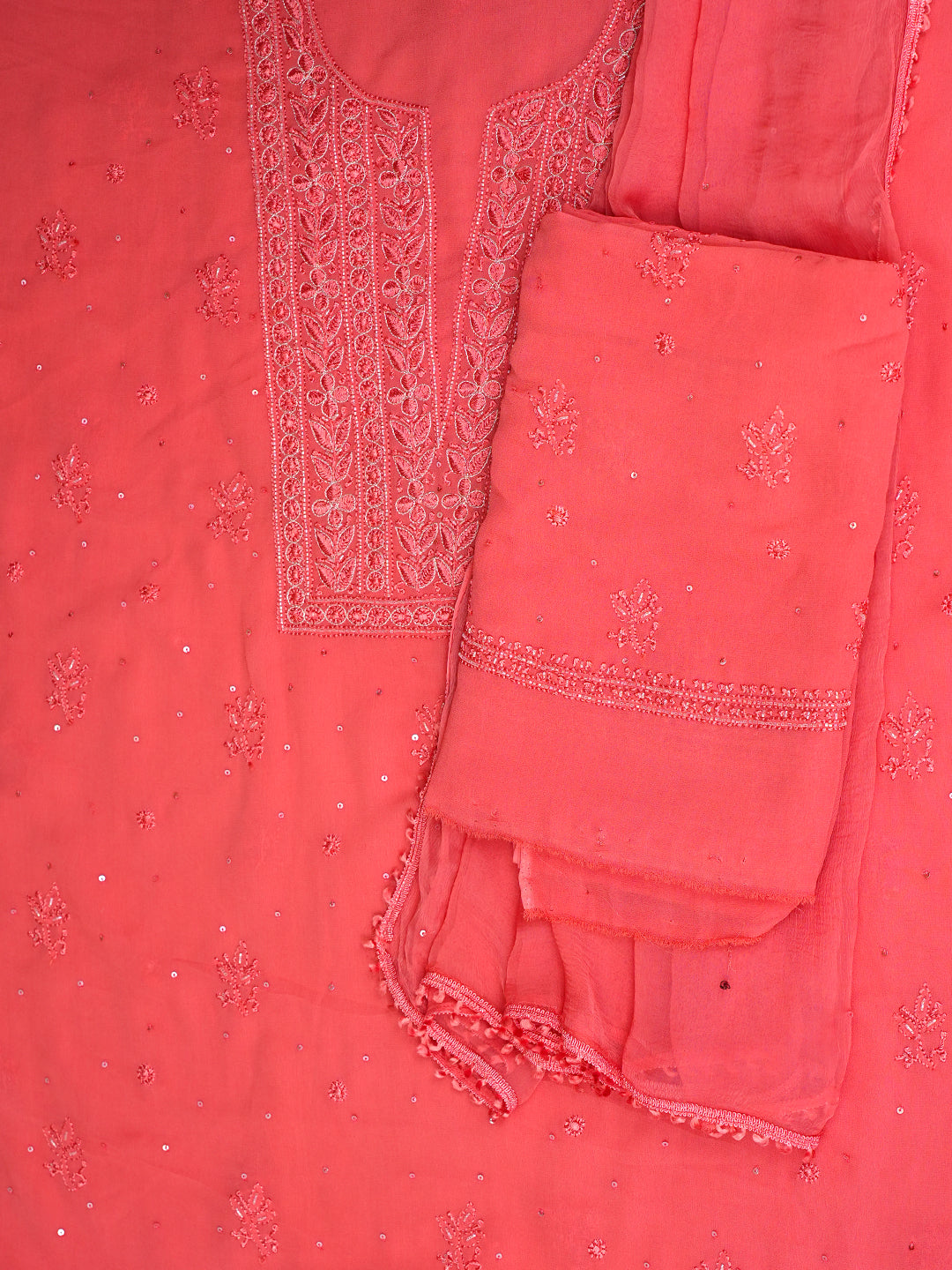 Ada Hand Embroidered Carrot Pink Viscose Georgette Lucknowi Chikankari Unstitched Suit set With Cutdana Sequinned  and Zari Work 01A922569