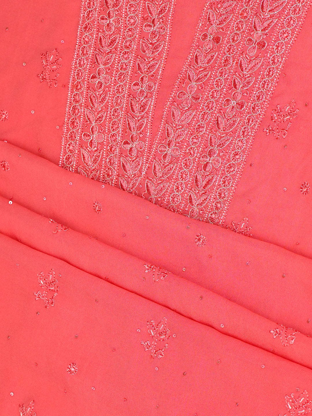 Ada Hand Embroidered Carrot Pink Viscose Georgette Lucknowi Chikankari Unstitched Suit set With Cutdana Sequinned  and Zari Work 01A922569