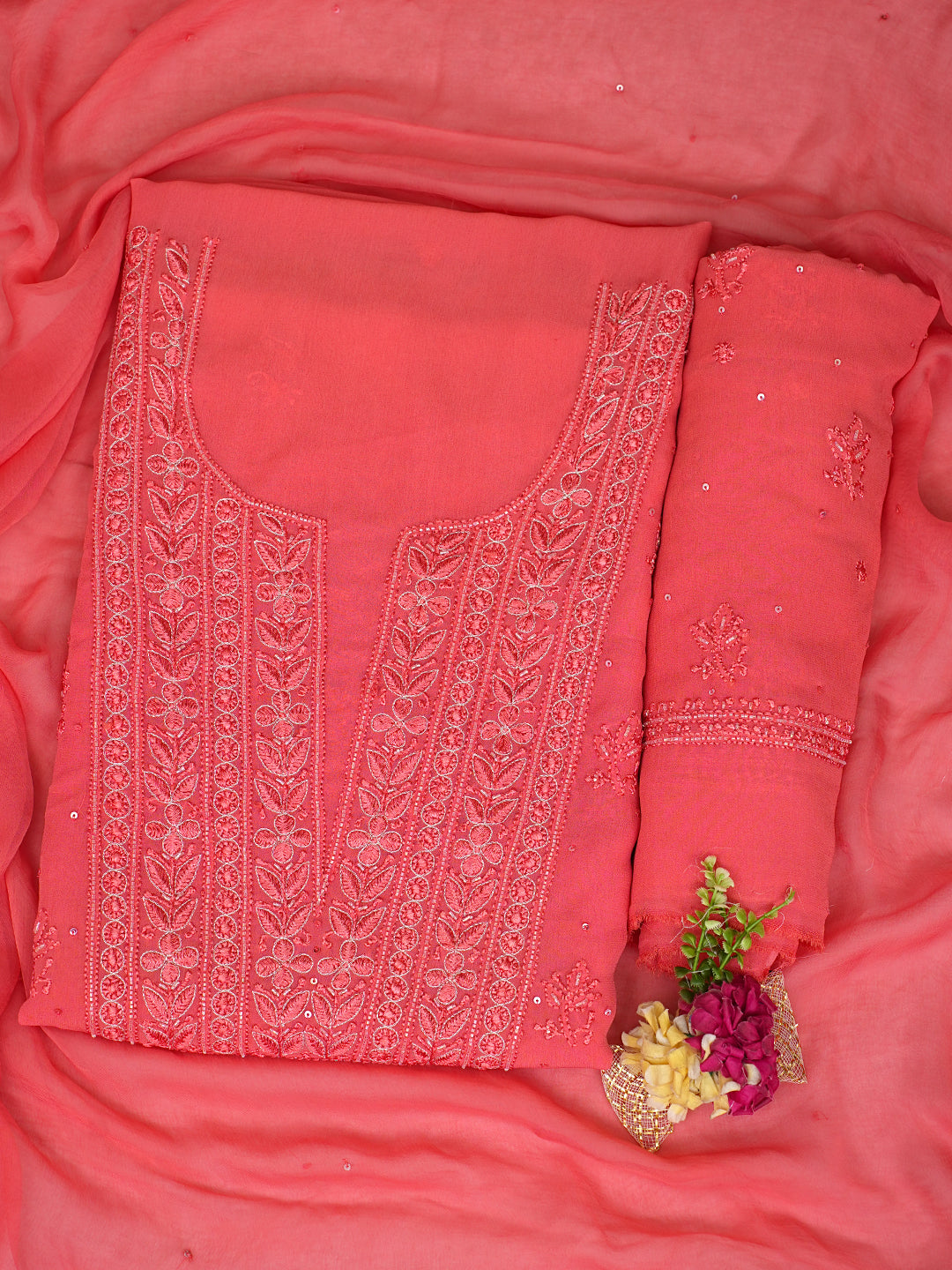 Ada Hand Embroidered Carrot Pink Viscose Georgette Lucknowi Chikankari Unstitched Suit set With Cutdana Sequinned  and Zari Work 01A922569