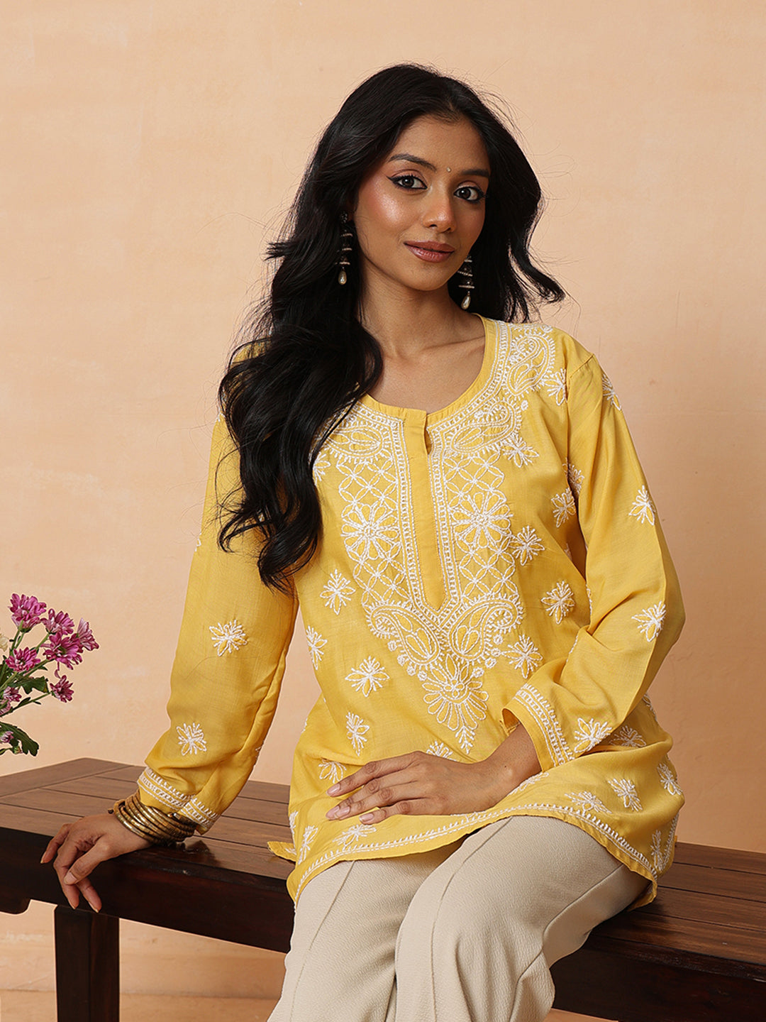 AdaHandEmbroideredCarrotYellowMuslinLucknowiChikankariShortKurtiA911577_2
