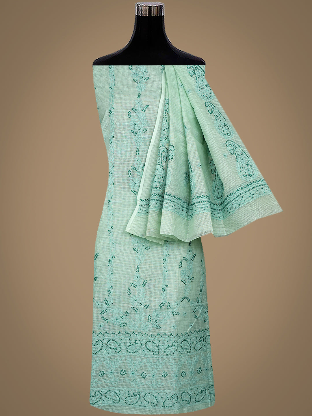 Ada Hand Embroidered Celadon Green Kota Lucknowi Chikankari Unstitched Kurta Dupatta Set 01A831659