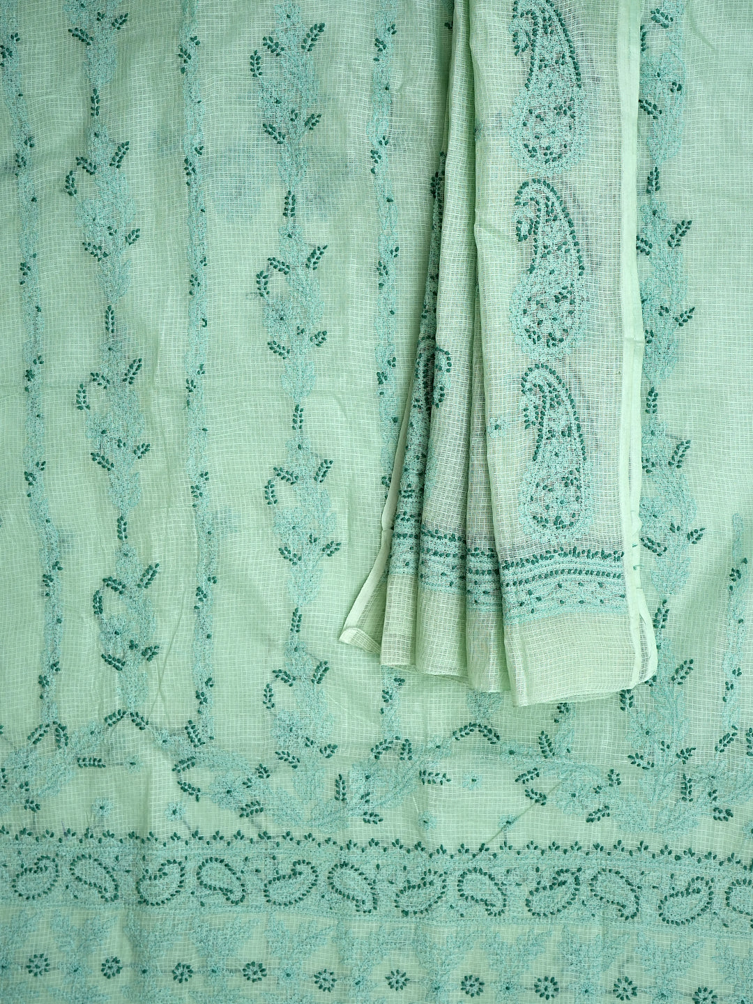 Ada Hand Embroidered Celadon Green Kota Lucknowi Chikankari Unstitched Kurta Dupatta Set 01A831659