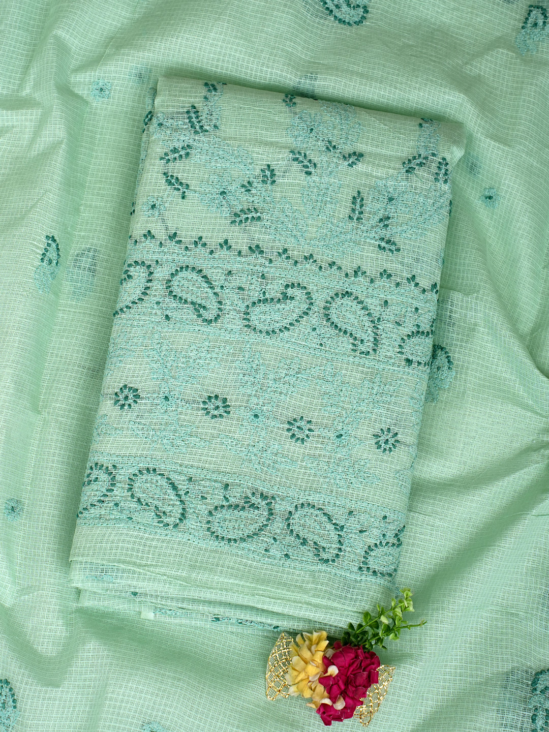 Ada Hand Embroidered Celadon Green Kota Lucknowi Chikankari Unstitched Kurta Dupatta Set 01A831659