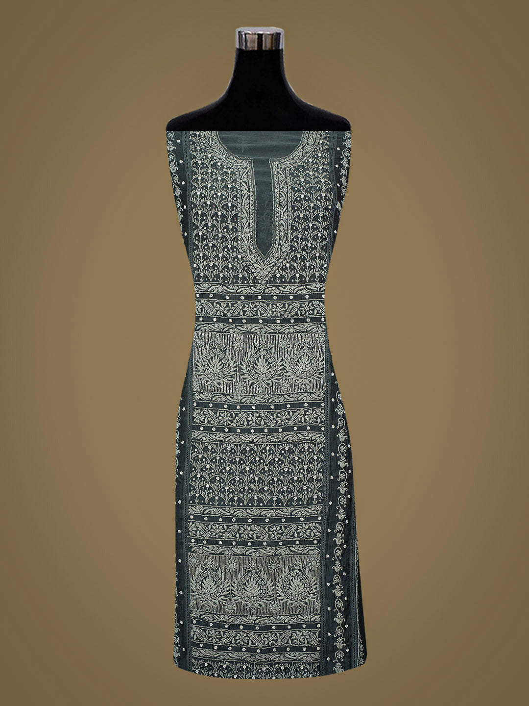 Ada Hand Embroidered Charcoal Grey  Chanderi Lucknowi Chikankari Semi-Stitched Kurta Dupatta Set With Cutdana Work 01A350788