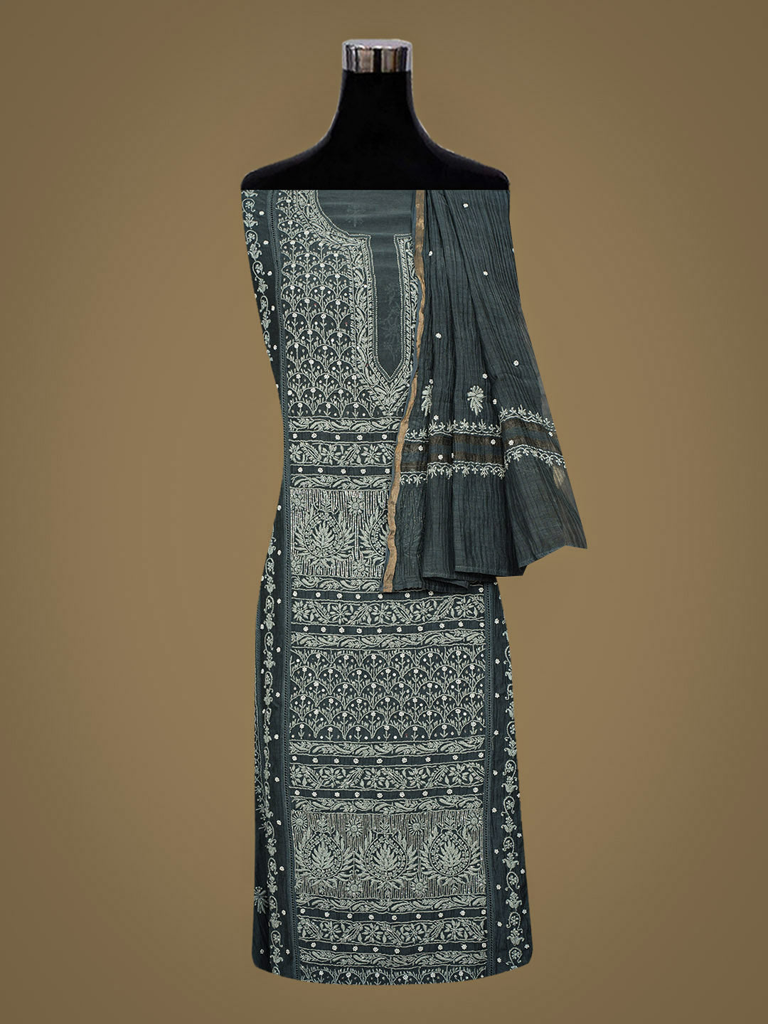 Ada Hand Embroidered Charcoal Grey  Chanderi Lucknowi Chikankari Semi-Stitched Kurta Dupatta Set With Cutdana Work 01A350788