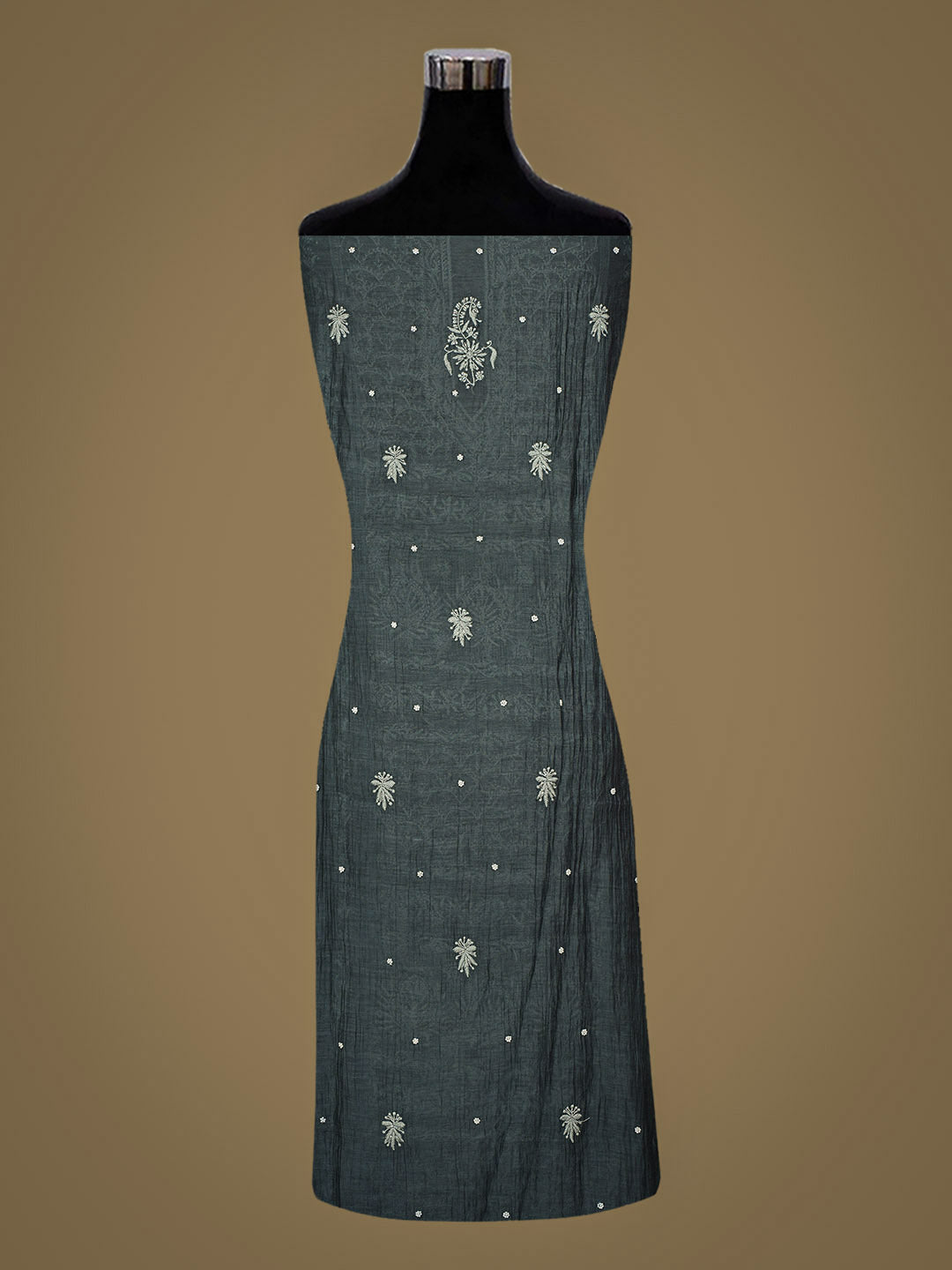Ada Hand Embroidered Charcoal Grey  Chanderi Lucknowi Chikankari Semi-Stitched Kurta Dupatta Set With Cutdana Work 01A350788