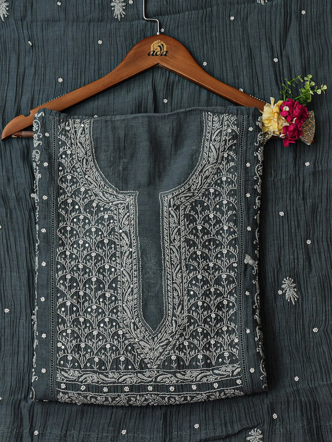 Ada Hand Embroidered Charcoal Grey  Chanderi Lucknowi Chikankari Semi-Stitched Kurta Dupatta Set With Cutdana Work 01A350788