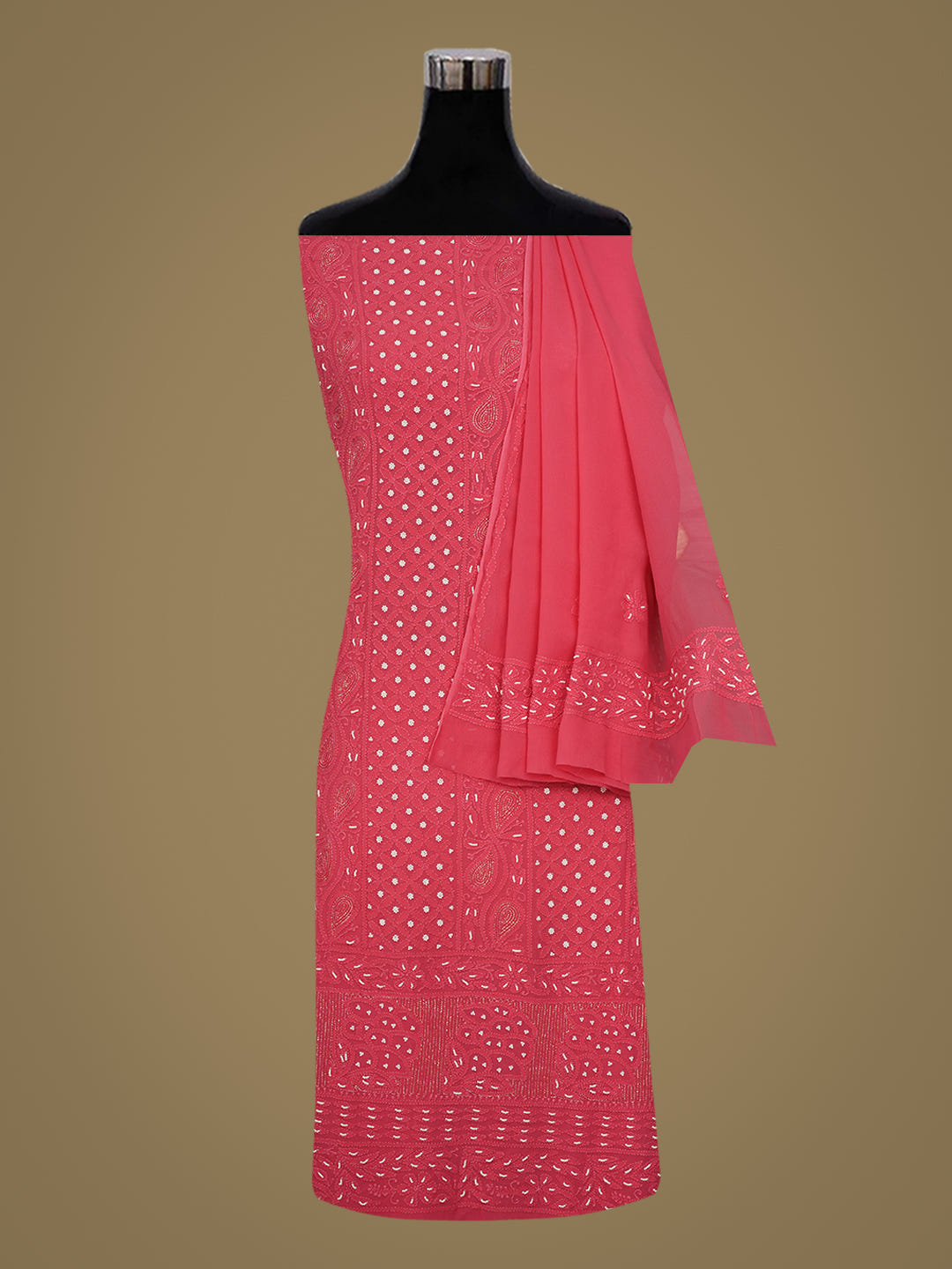 Ada Hand Embroidered Coral Pink Viscose Georgette Lucknowi Chikankari Unstitched Kurta Dupatta Set With Zari Work 01A782547