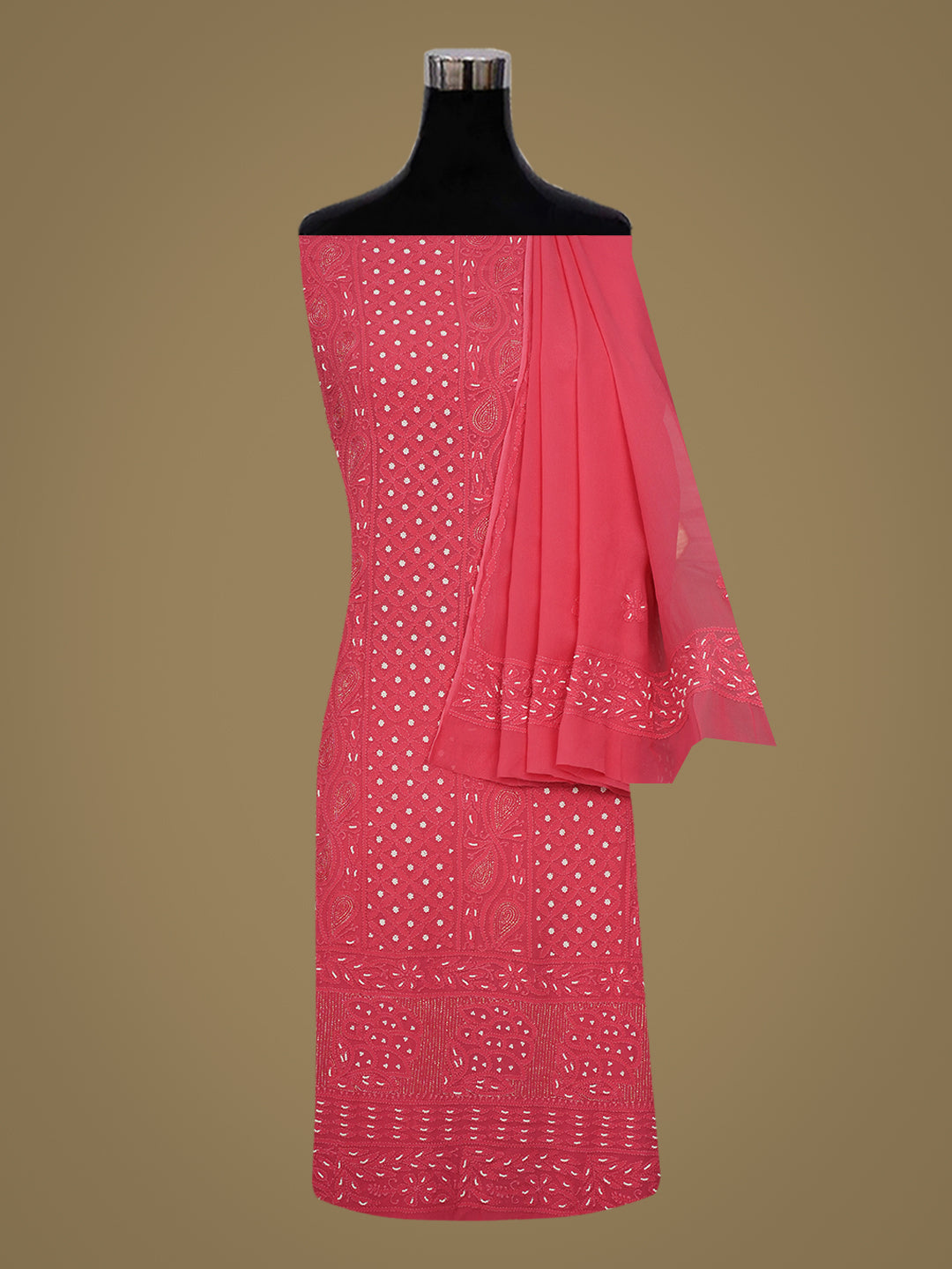 Ada Hand Embroidered Coral Pink Viscose Georgette Lucknowi Chikankari Unstitched Kurta Dupatta Set With Zari Work 01A782547