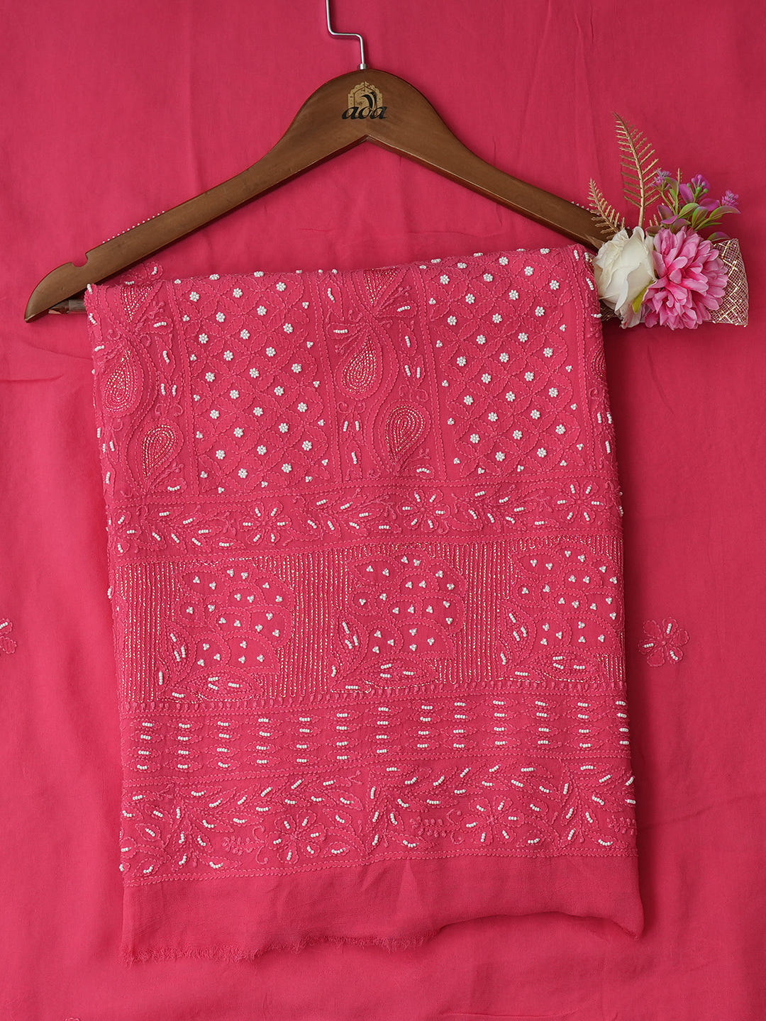 Ada Hand Embroidered Coral Pink Viscose Georgette Lucknowi Chikankari Unstitched Kurta Dupatta Set With Zari Work 01A782547