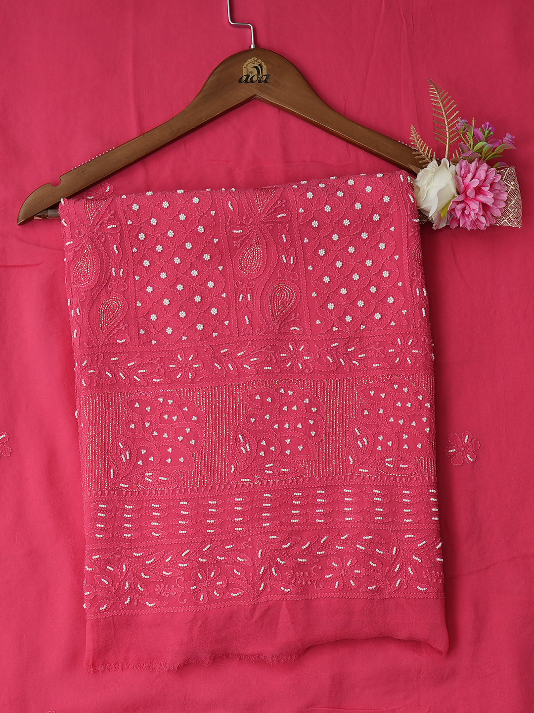 Ada Hand Embroidered Coral Pink Viscose Georgette Lucknowi Chikankari Unstitched Kurta Dupatta Set With Zari Work 01A782547