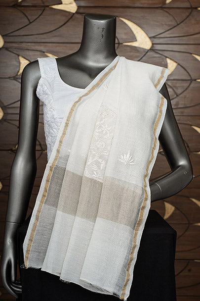 Ada Hand Embroidered Cream Chanderi Lucknowi Chikankari Dupatta 01A948811