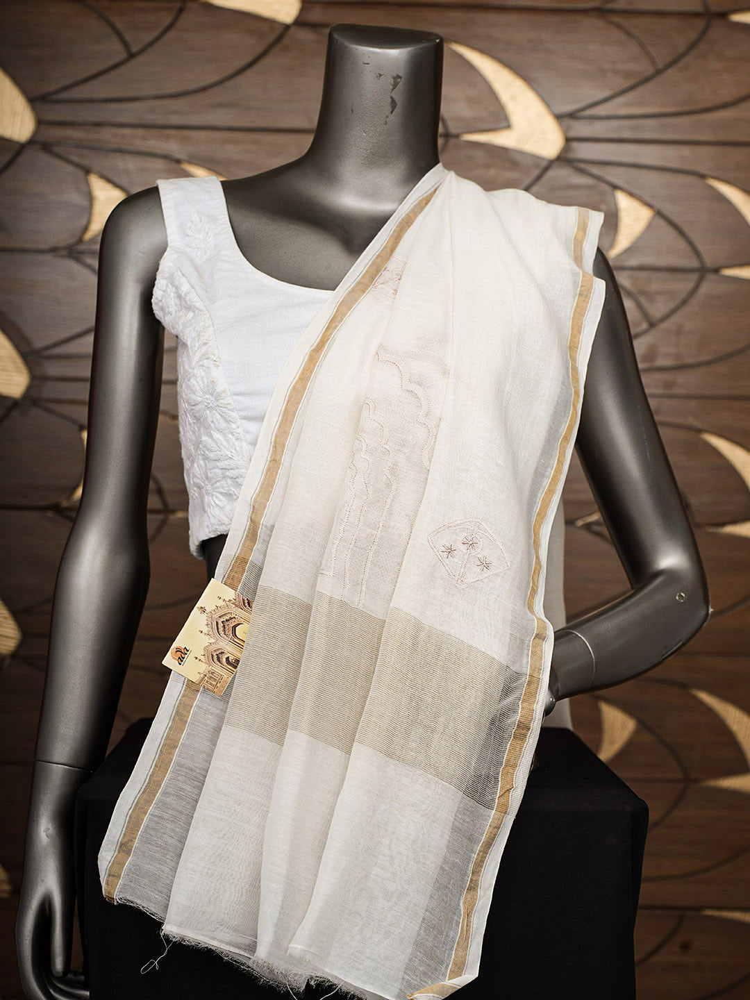 Ada Hand Embroidered Cream Chanderi Lucknowi Chikankari Dupatta 01A948816