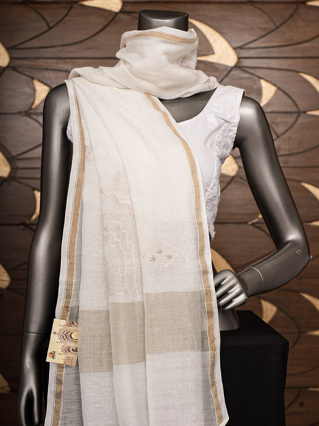 Ada Hand Embroidered Cream Chanderi Lucknowi Chikankari Dupatta 01A948816