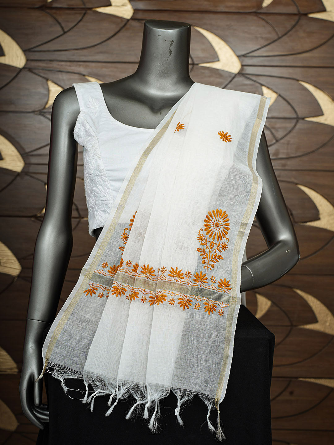 Ada Hand Embroidered Cream Chanderi Lucknowi Chikankari Dupatta 07A500816