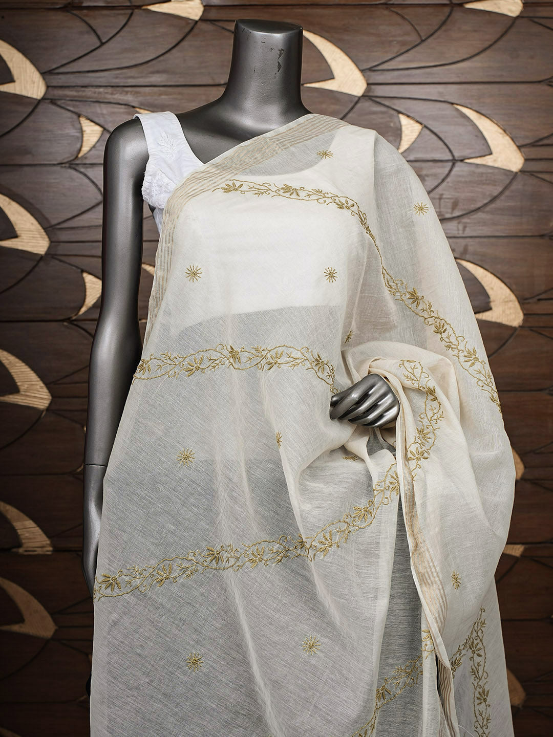 Ada Hand Embroidered Cream Chanderi Lucknowi Chikankari Dupatta 07A501234