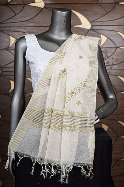 Ada Hand Embroidered Cream Chanderi Lucknowi Chikankari Dupatta 07A501234