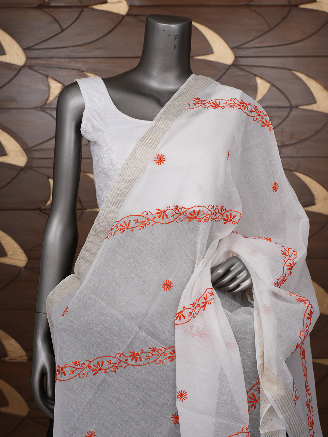 Ada Hand Embroidered Cream Chanderi Lucknowi Chikankari Dupatta 07A502538
