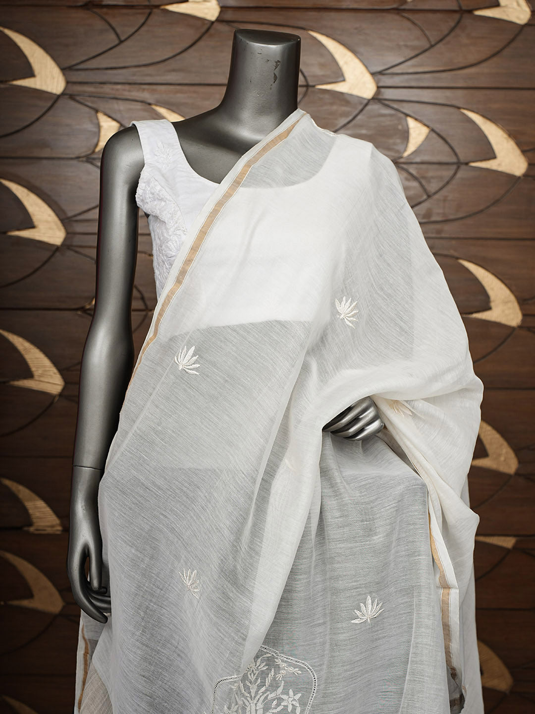 Ada Hand Embroidered Cream Chanderi Lucknowi Chikankari Dupatta With Zari Taar Work 01A948809