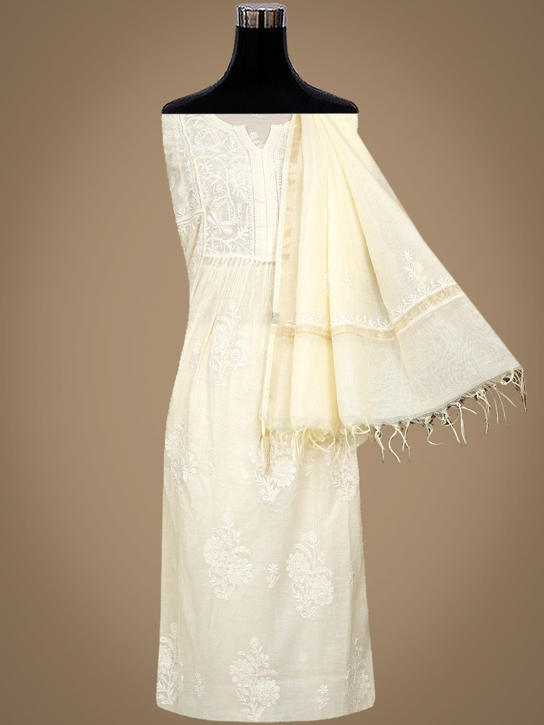Ada Hand Embroidered Cream Chanderi Lucknowi Chikankari Semi-Stitched Kurta Dupatta Set With Cutdana Work 07A502743