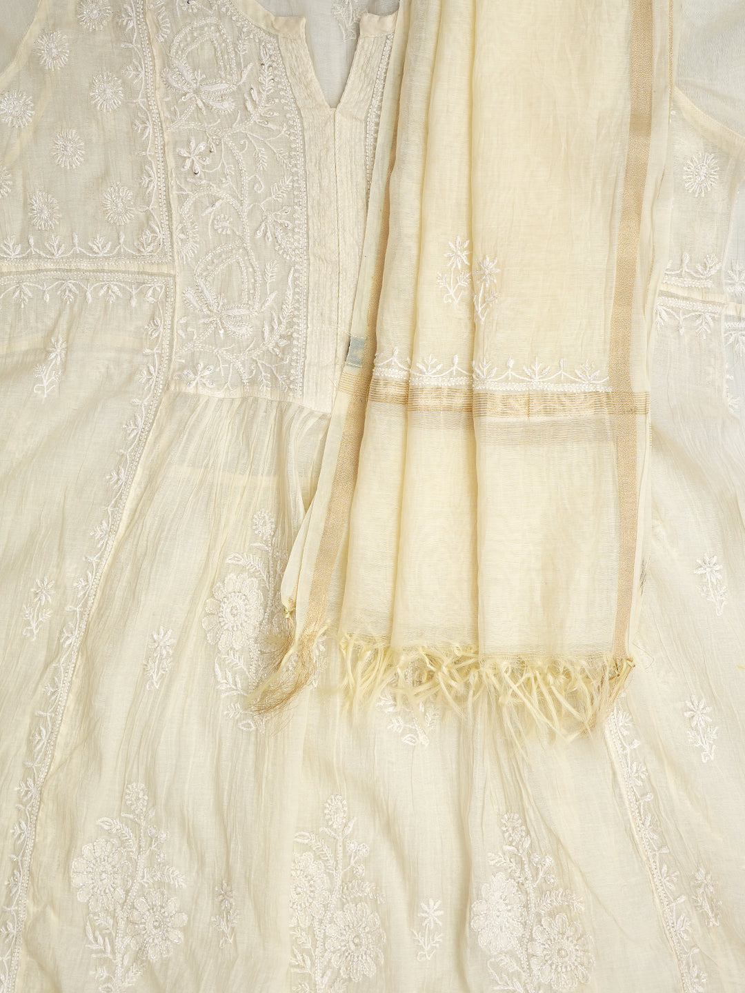 Ada Hand Embroidered Cream Chanderi Lucknowi Chikankari Semi-Stitched Kurta Dupatta Set With Cutdana Work 07A502743