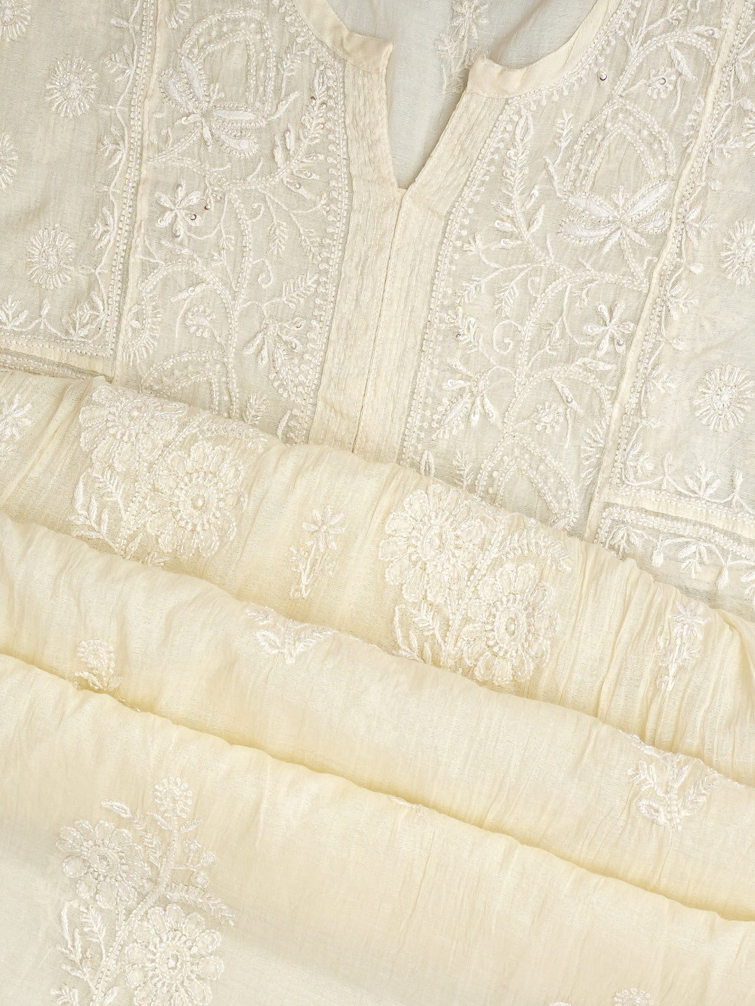 Ada Hand Embroidered Cream Chanderi Lucknowi Chikankari Semi-Stitched Kurta Dupatta Set With Cutdana Work 07A502743