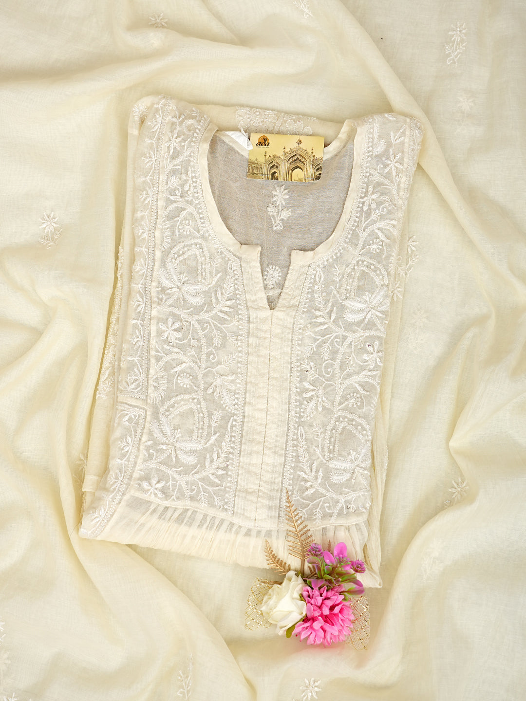 Ada Hand Embroidered Cream Chanderi Lucknowi Chikankari Semi-Stitched Kurta Dupatta Set With Cutdana Work 07A502743