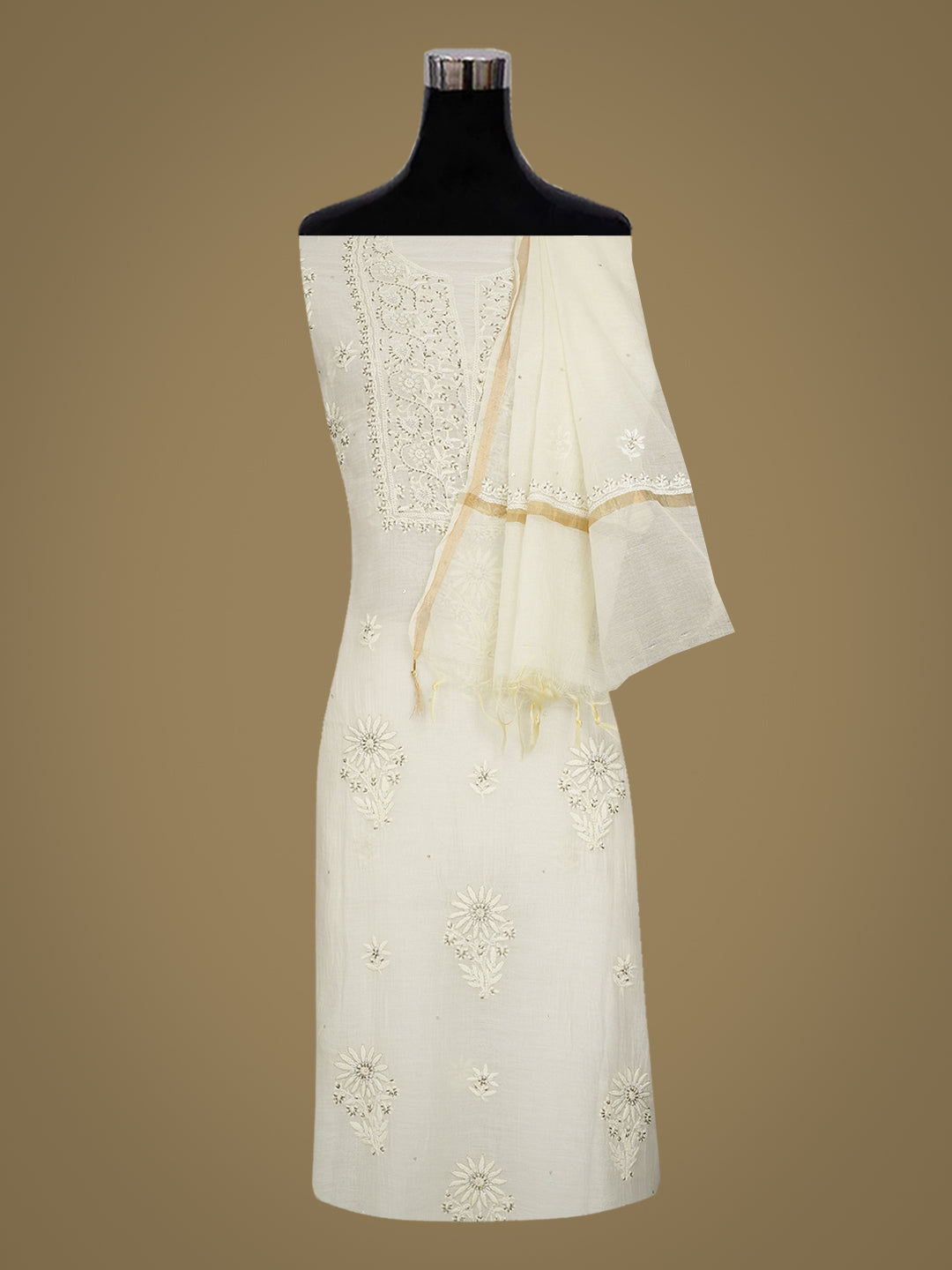 Ada Hand Embroidered Cream Chanderi Lucknowi Chikankari Unstitched Kurta Dupatta Set With Cutdana Work 01A621810