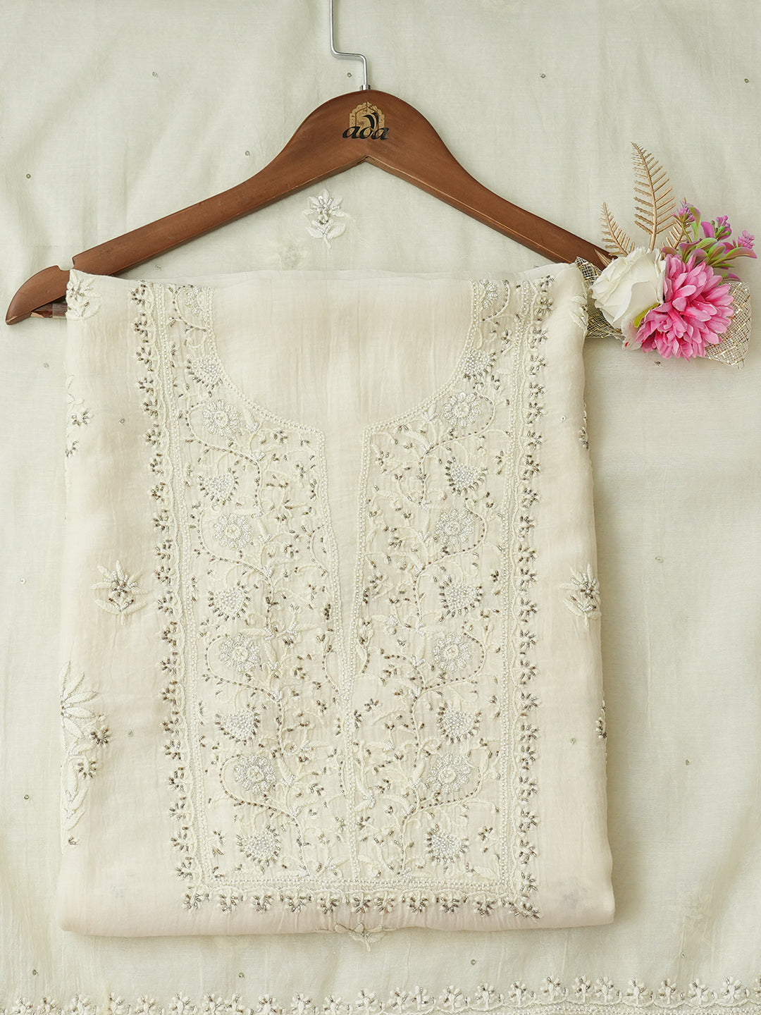 Ada Hand Embroidered Cream Chanderi Lucknowi Chikankari Unstitched Kurta Dupatta Set With Cutdana Work 01A621810