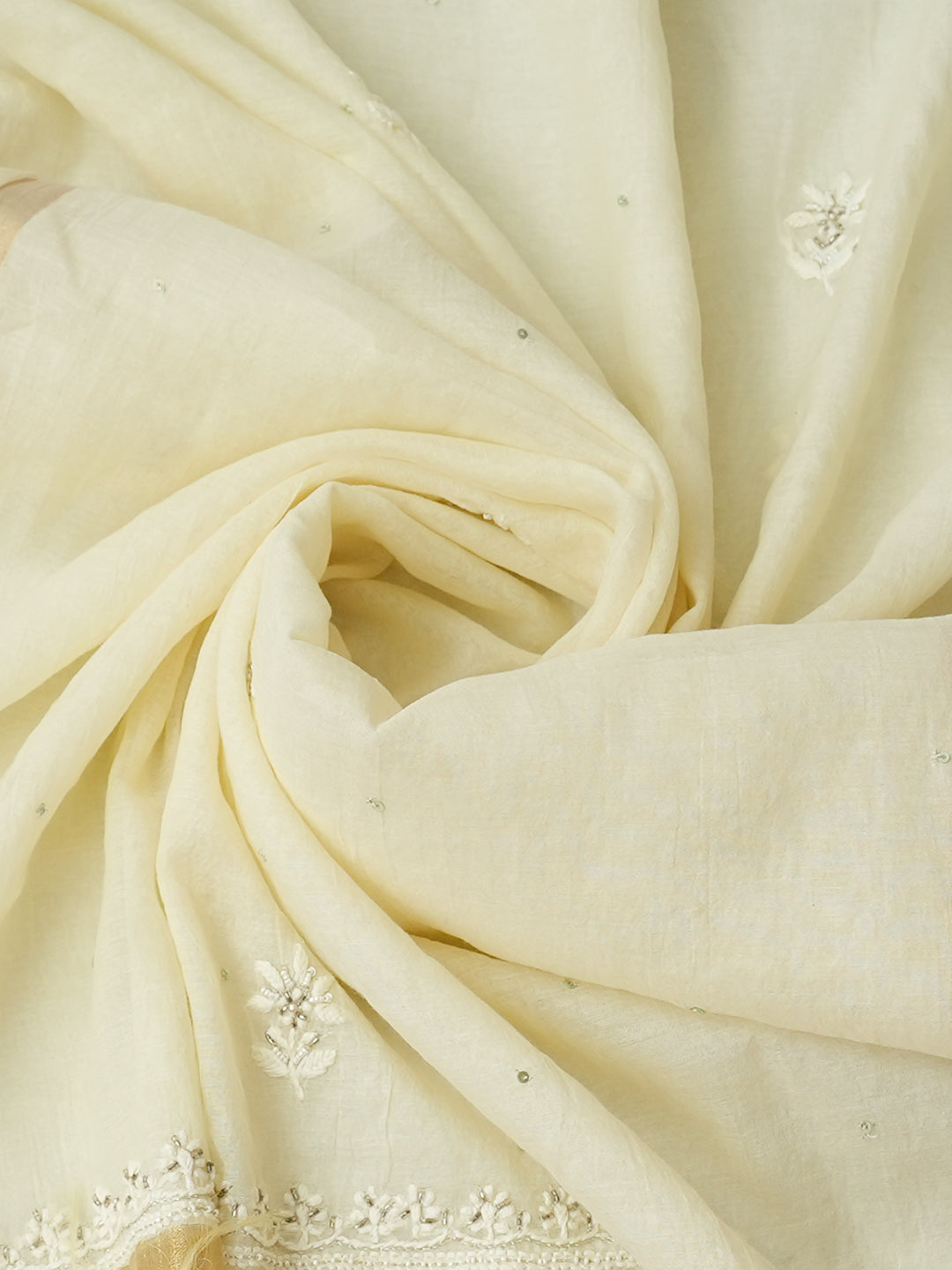 Ada Hand Embroidered Cream Chanderi Lucknowi Chikankari Unstitched Kurta Dupatta Set With Cutdana Work 01A621810