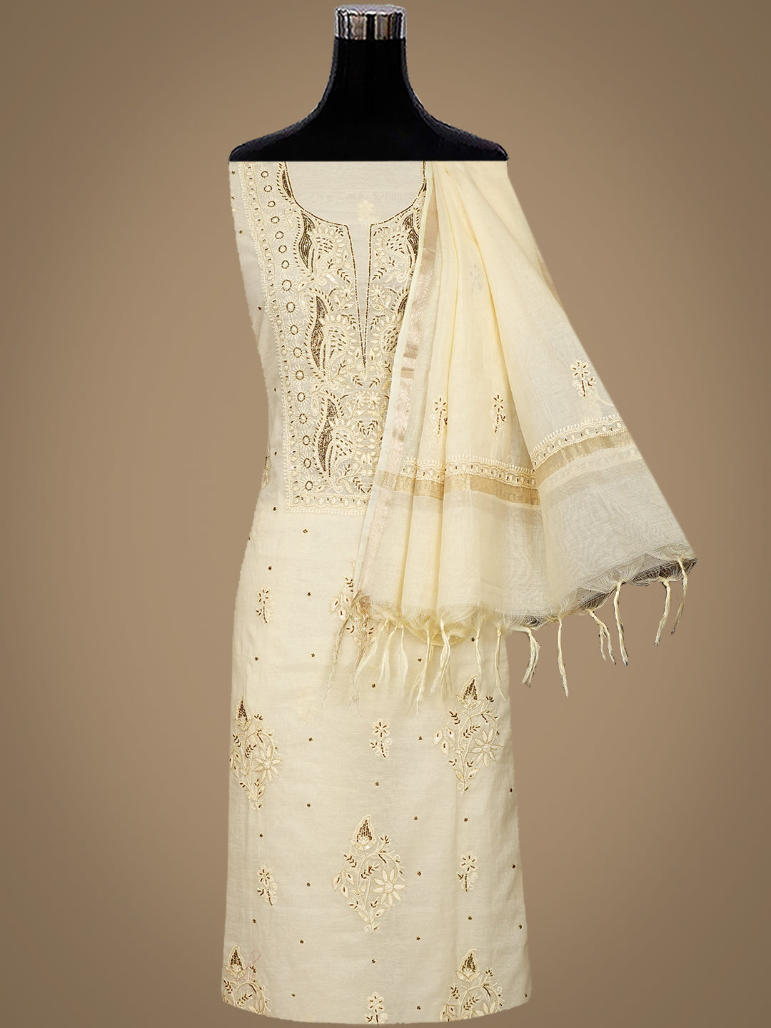Ada Hand Embroidered Cream Chanderi Lucknowi Chikankari Unstitched Kurta Dupatta Set With Zari, Sequinned & Cutdana Work 01A789503