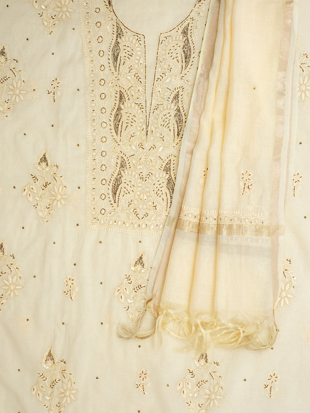 Ada Hand Embroidered Cream Chanderi Lucknowi Chikankari Unstitched Kurta Dupatta Set With Zari, Sequinned & Cutdana Work 01A789503