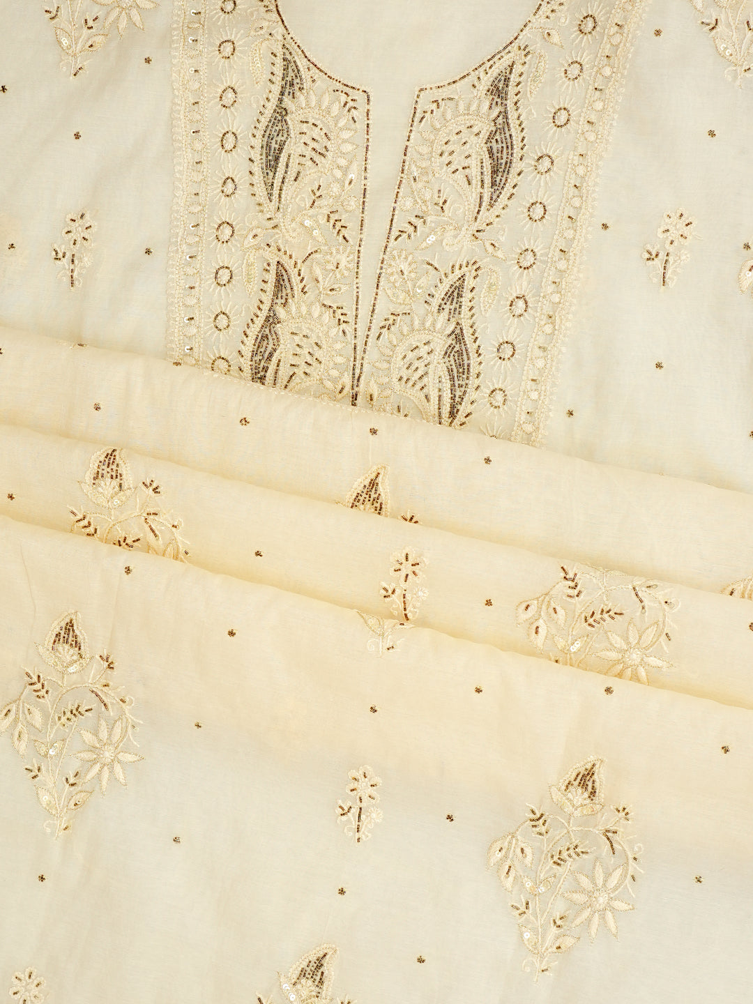 Ada Hand Embroidered Cream Chanderi Lucknowi Chikankari Unstitched Kurta Dupatta Set With Zari, Sequinned & Cutdana Work 01A789503